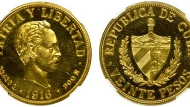 Anverso y reverso de la moneda “prueba” de veinte pesos de 1916